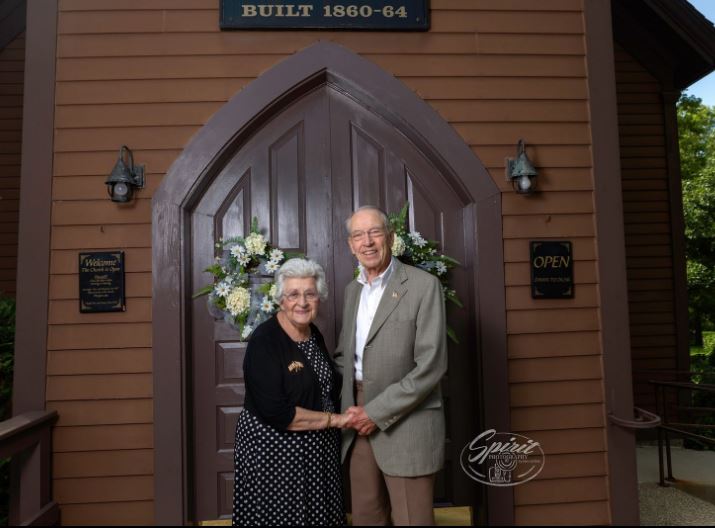 Barbara and Charles celebrating their 65th wedding anniversary at the Little Brown Church in 2019.